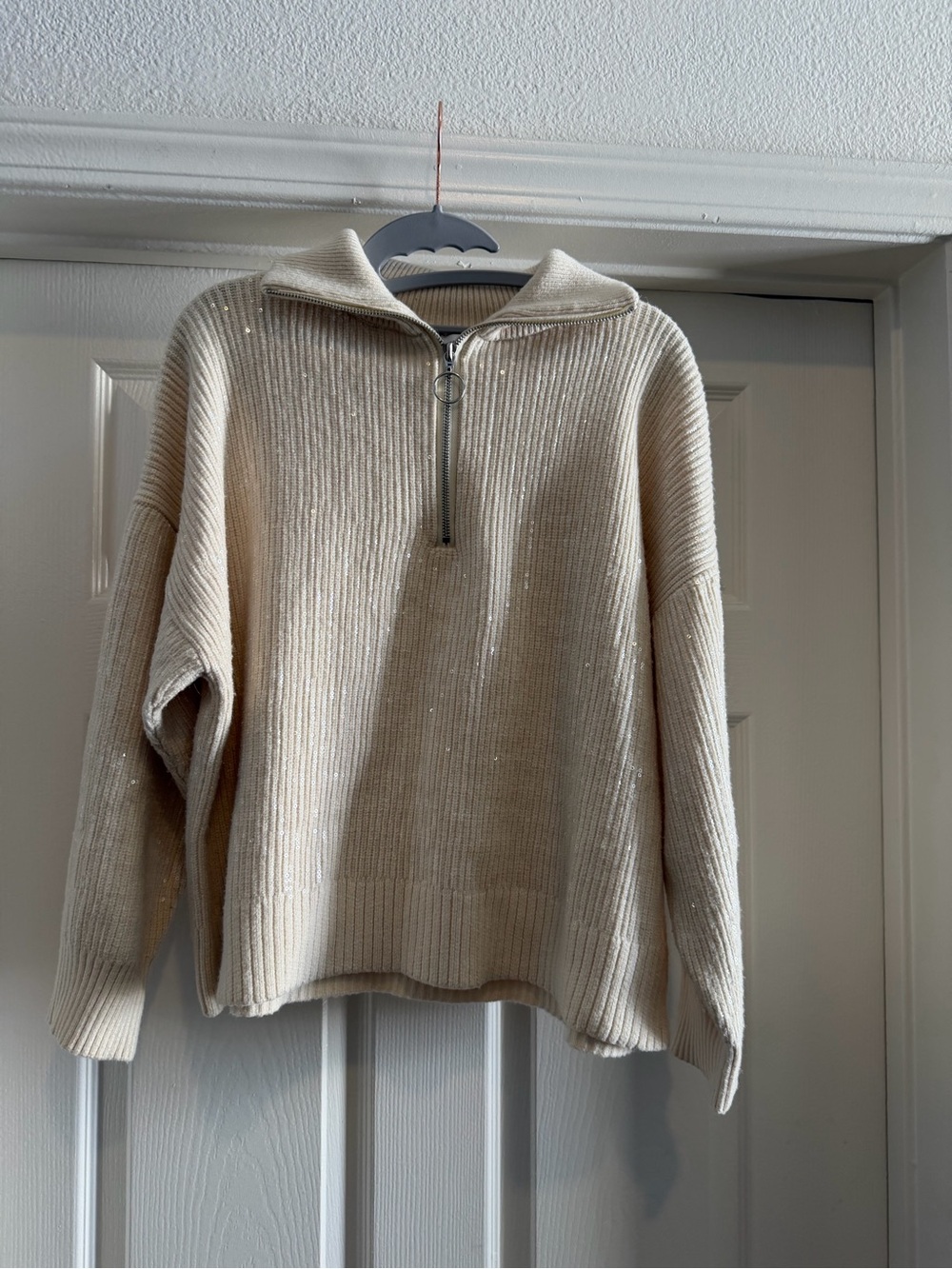 Zara Cream Sequin Rib Knit Half Zip Sweater Size Small